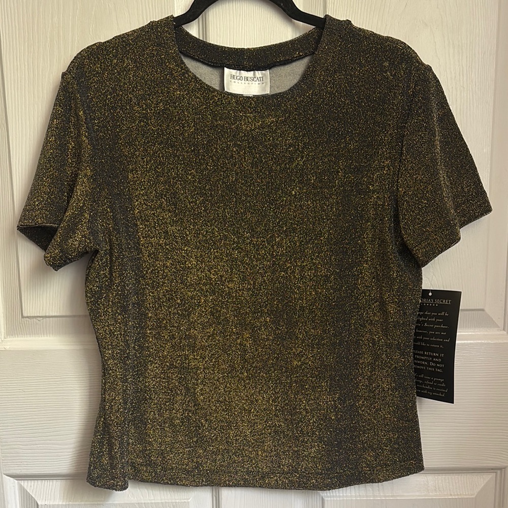NEW Vintage HUGO BUSCATI gold shimmer short sleeve blouse black undertone sz 14